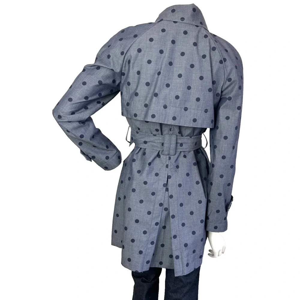 Banana Republic Polka Dot Trench Coat Water Resistant Belt Button Blue XS EUC - Picture 5 of 10